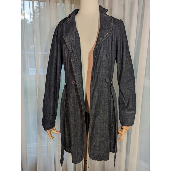French Cuff double-breasted, belted chambray/denim jacket - Sz. M - EUC - Picture 1 of 3